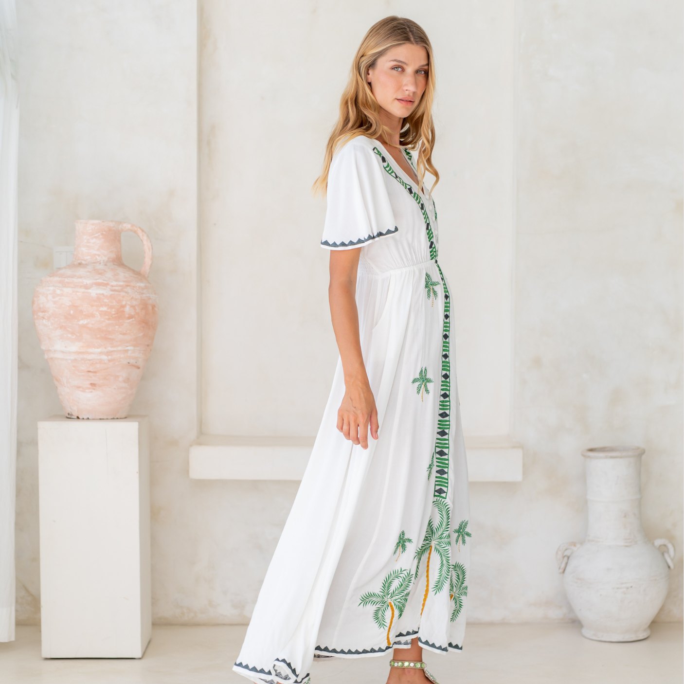 SALTY SKIN Noosa LONGDRESS 01-15 - white/Palms green